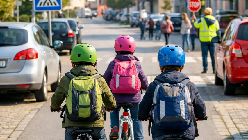 Kinder fahren mitt dem Rad zur Schule