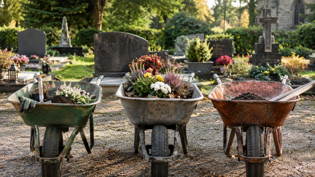 Schubkarren mit Blumen und Erde stehen auf einem Friedhof